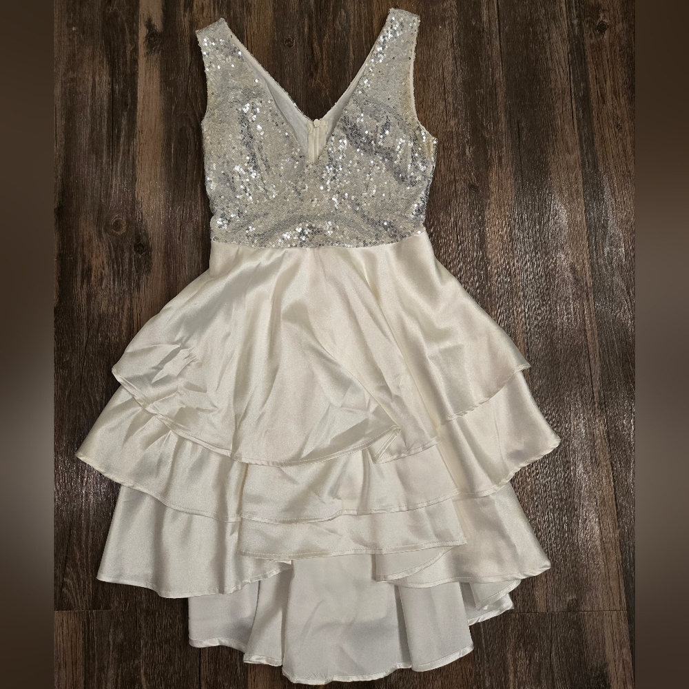 White & Silver Sequin & Satin Layered Dress
